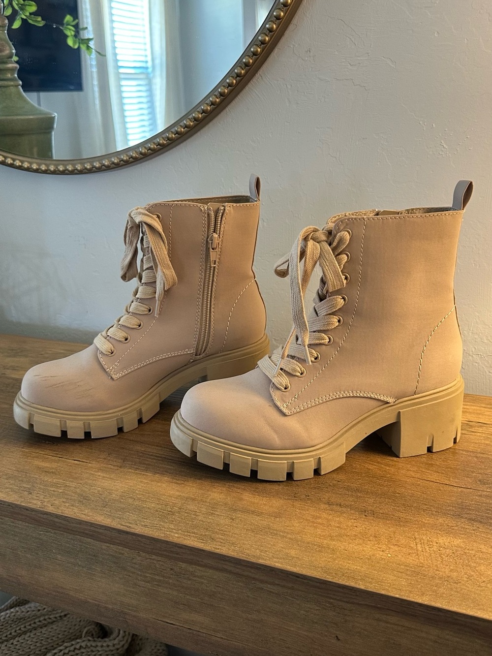 Women's Beige Lace-Up Chunky Heel Combat Boots
